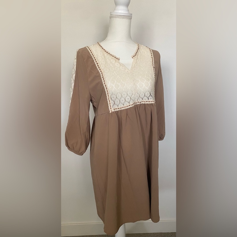 Tan dress with lace on sleeves on chest